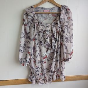 Ted Baker | Gauzy Floral Blouse Ruffled Size 4/10 Lavender Gray